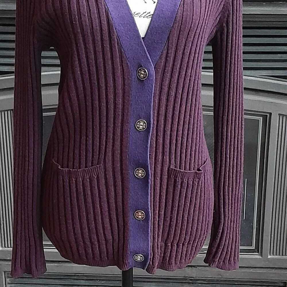 Tory Burch Cardigan Ribbed Burgundy with Purple Trim